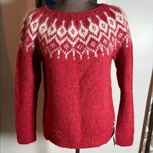Handmade Wool & Mohair Fair Isle Yoke Sweater – Deep Red/Cream SZ S